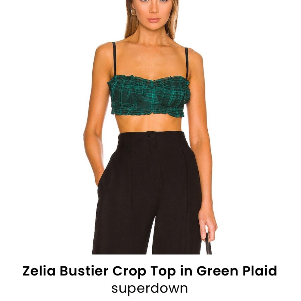 Superdown Teal Plaid Ruffle Crop Top